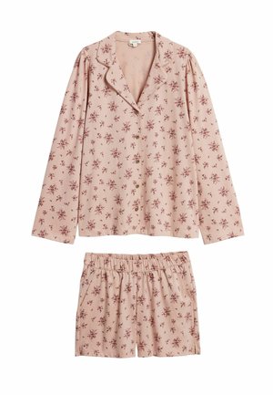Zestaw piżamowy w kwiatowy wzór wykonany z miękkiej, różowej tkaniny. Koszula z długim rękawem i zapięciem na guziki. Dopasowane szorty z elastycznym paskiem w talii.