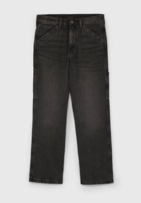Jeans de mezclilla negros de pierna recta con cinco bolsillos, presillas para cinturón y cierre de botón en la cintura.