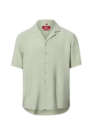 Hellgrünes, kurzärmeliges Herrenhemd mit lockerer Passform, durchgehendem Knöpfen, Beach-Kragen und leicht geschwungenem Saum.