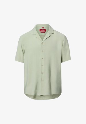 Hellgrünes, kurzärmeliges Herrenhemd mit lockerer Passform, durchgehendem Knöpfen, Beach-Kragen und leicht geschwungenem Saum.