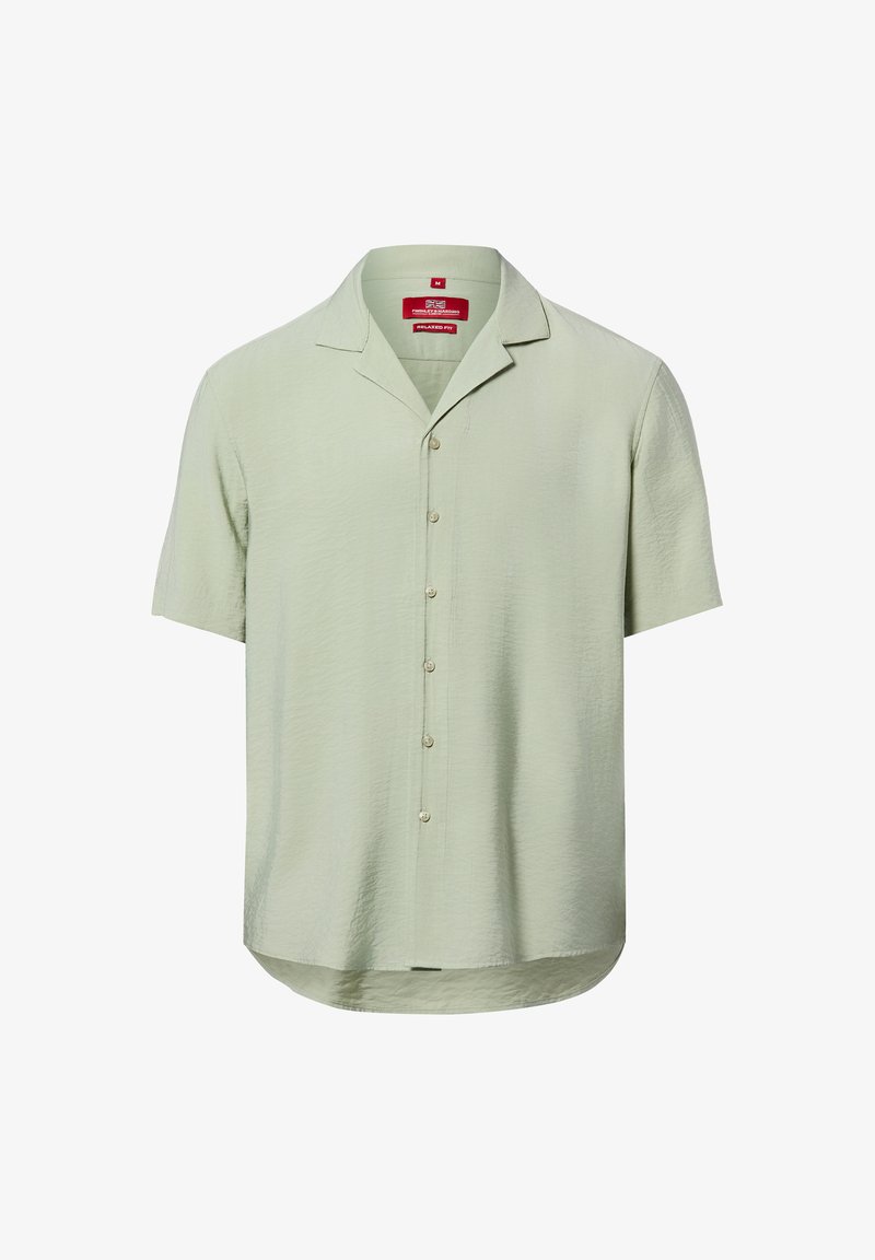 Hellgrünes, kurzärmeliges Herrenhemd mit lockerer Passform, durchgehendem Knöpfen, Beach-Kragen und leicht geschwungenem Saum.
