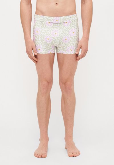Schwimmshorts in Hellgrün mit einem pinken Blumenmuster. Fitted Design mit glatter Textur und elastischem Bund, aus leichtem Material.