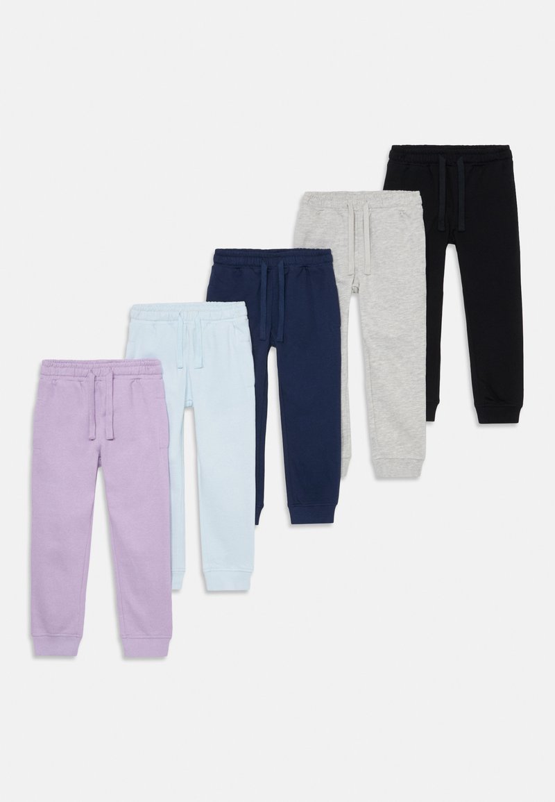 Set of five jogger pants in varying colors: lavender, light blue, navy, grey, and black. Features elastic waistbands and cuffs.