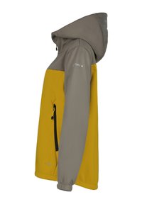 Herrjacka med grå huva och ärmar, gul kropp, två dragkedjefickor, elastiska ärmslut och logodetalj på bröstet.