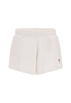 White cotton shorts with an elastic waistband, featuring side pockets and a small logo detail on the front left side.