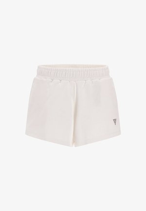 Valkoiset puuvillashortsit, joissa on joustava vyötärö, sivutaskut ja pieni logotieto vasemmalla etupuolella.