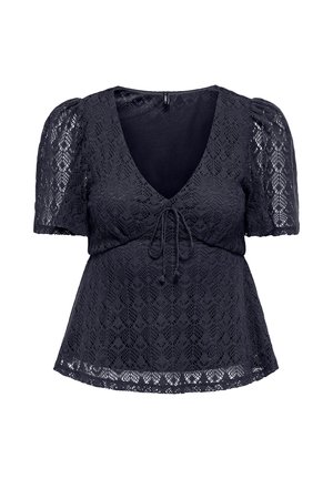 Black lace short-sleeve blouse with puffed sleeves, V-neck, and front tie detail, featuring scalloped hem and intricate floral pattern.