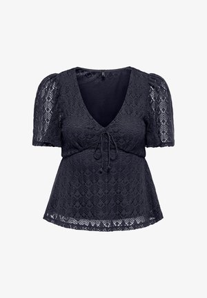 Black lace short-sleeve blouse with puffed sleeves, V-neck, and front tie detail, featuring scalloped hem and intricate floral pattern.