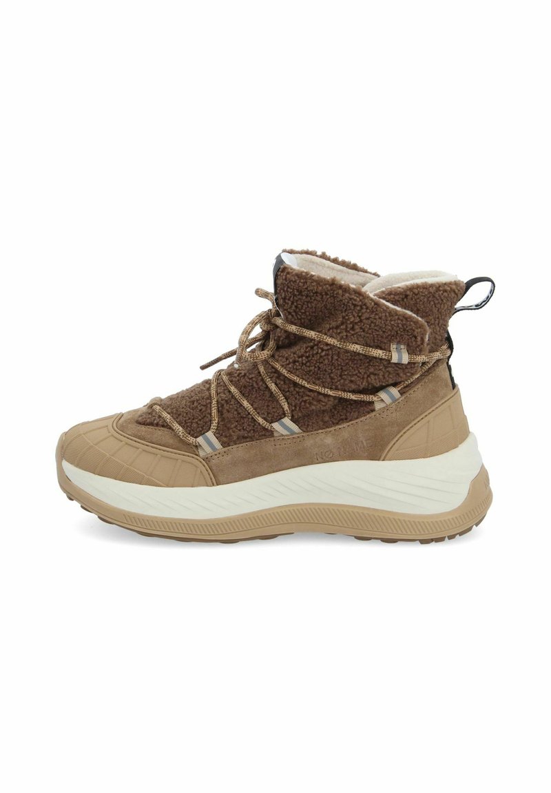 Braune, strukturierte Stiefel mit einem flauschigen Obermaterial, Schnürsenkeln und einer weißen Gummisohle. Verfügt über einen gepolsterten Kragen und dezente Nahtdetails.