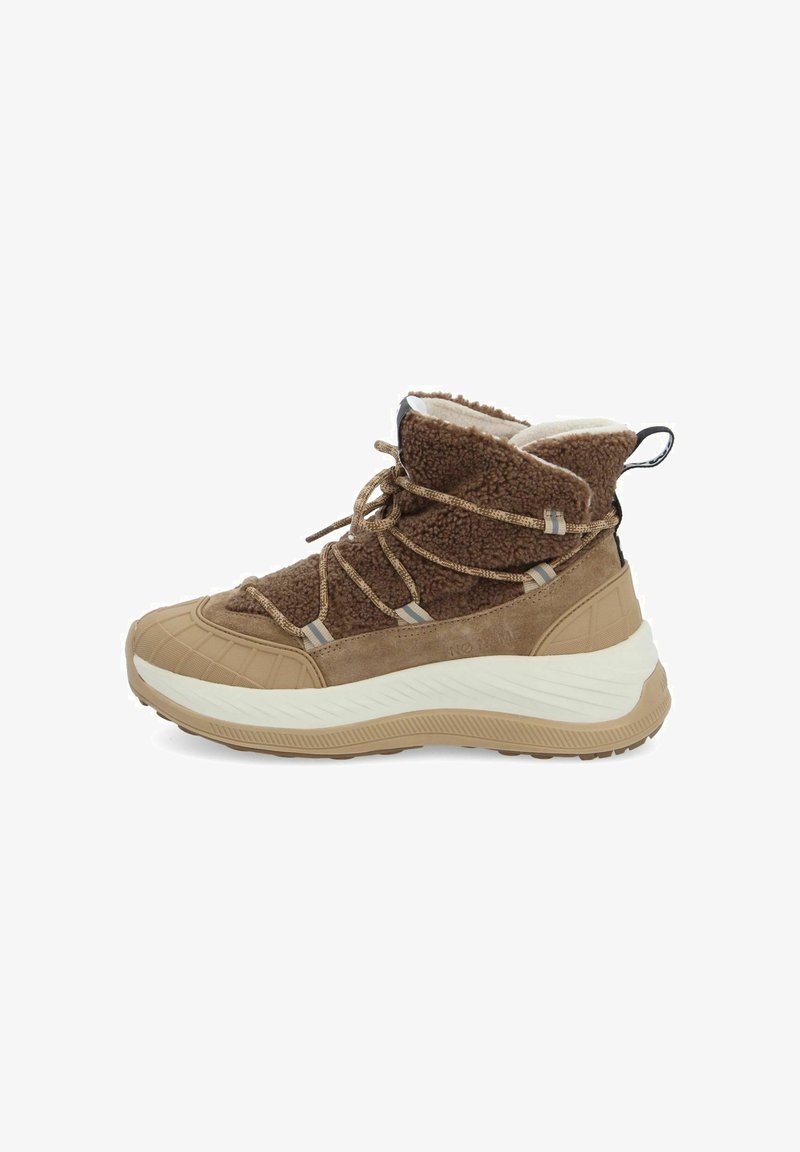 Brown textured boots with a fluffy upper, laces, and a white rubber sole. Features a padded collar and subtle seam detailing.