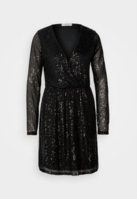 Mini robe noire à manches longues avec un décolleté en V profond et des paillettes scintillantes couvrant le devant, les manches et la jupe.