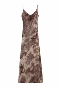 Ujjatlan maxi ruha tompa barna árnyalatokban. V-nyakú kivágással rendelkezik, és puha, texturált anyagból készült, finom absztrakt mintával.