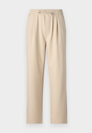 Calças bege com cintura elástica e cordão, design de perna reta e textura de tecido suave e liso.
