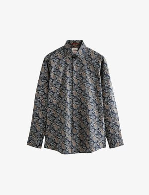 Langärmliges Hemd mit Knöpfen in Navyblau, verziert mit einem komplizierten Paisleymuster in Beige und Weiß. Hergestellt aus leichtem Stoff mit glatter Textur.