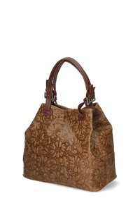 Borsa a mano in pelle marrone embossata con motivi floreali, dotata di manici in pelle marrone e un design strutturato.