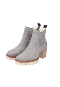 Bottes de cheville en suède gris avec un talon bloc texturé, des panneaux latéraux élastiques et une semelle en caoutchouc beige contrastante.
