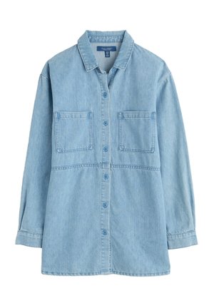 Light blue denim shirt with a button-down front, long sleeves, two chest pockets, and a fold-down collar. Features a straight hem.