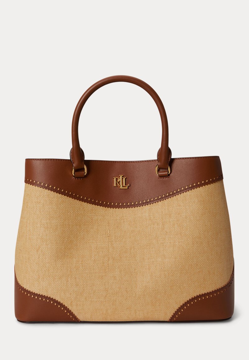 Barna bőr és bézs színű szövött anyag táska két fogóval, középen a felső bőrszegélyen arany RLL logóval.