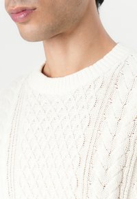 Creme kabelstrikket sweater med ribbet rund hals, der har et tekstureret mønster og åbne stikdetaljer.