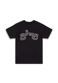 Camiseta de algodón negra con un diseño de texto blanco y ondulado que dice "grimy" en el frente. Manga corta y escote redondeado.