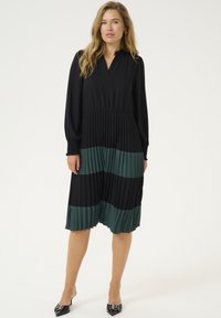 Melna un zaļa plīša kleita ar garām piedurknēm un V-veida kakla izgriezumu; apakšā ir mainīgi horizontāli svītriņas melnā un tumši zaļā krāsā.