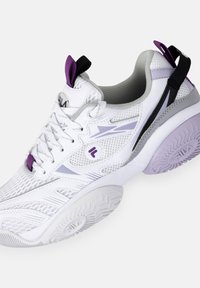 White athletic sneaker with mesh upper, purple and gray accents, textured sole, and pull tab. Features laces and logo on tongue.