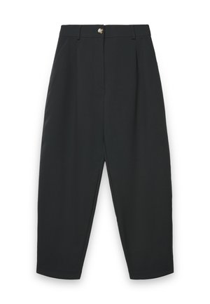Pantalon noir taille haute à coupe effilée avec passants pour ceinture, poches latérales et taille boutonnée.
