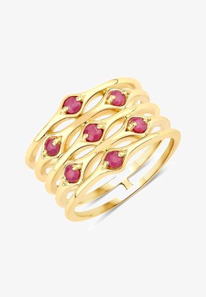 Goldener Metallring mit Wellenmuster, ausgestattet mit fünf eingelassenen, runden rosa Steinen, glatter Textur und offener Band für individuelle Anpassung.