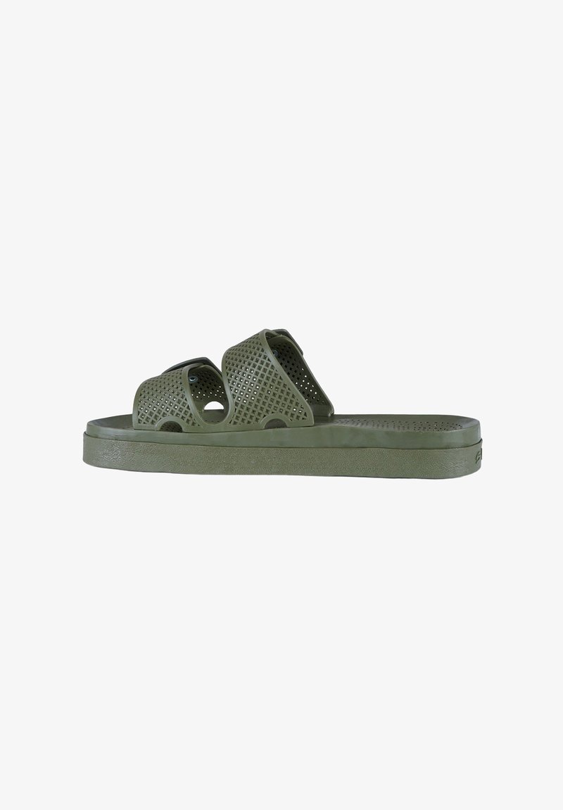 Sandalo open-toe verde oliva con doppia fascia traforata e suola testurizzata, progettato per un uso casual.