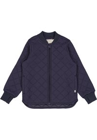 Granatowa pikowana kurtka bombowa z pełnym zamkiem błyskawicznym, zibrzczanymi mankietami i dołem, z diamentowym wzorem i bocznymi kieszeniami.