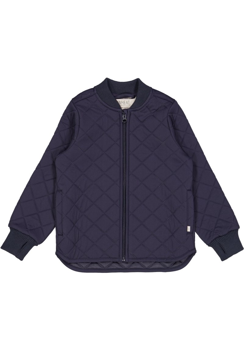 Granatowa pikowana kurtka bombowa z pełnym zamkiem błyskawicznym, zibrzczanymi mankietami i dołem, z diamentowym wzorem i bocznymi kieszeniami.