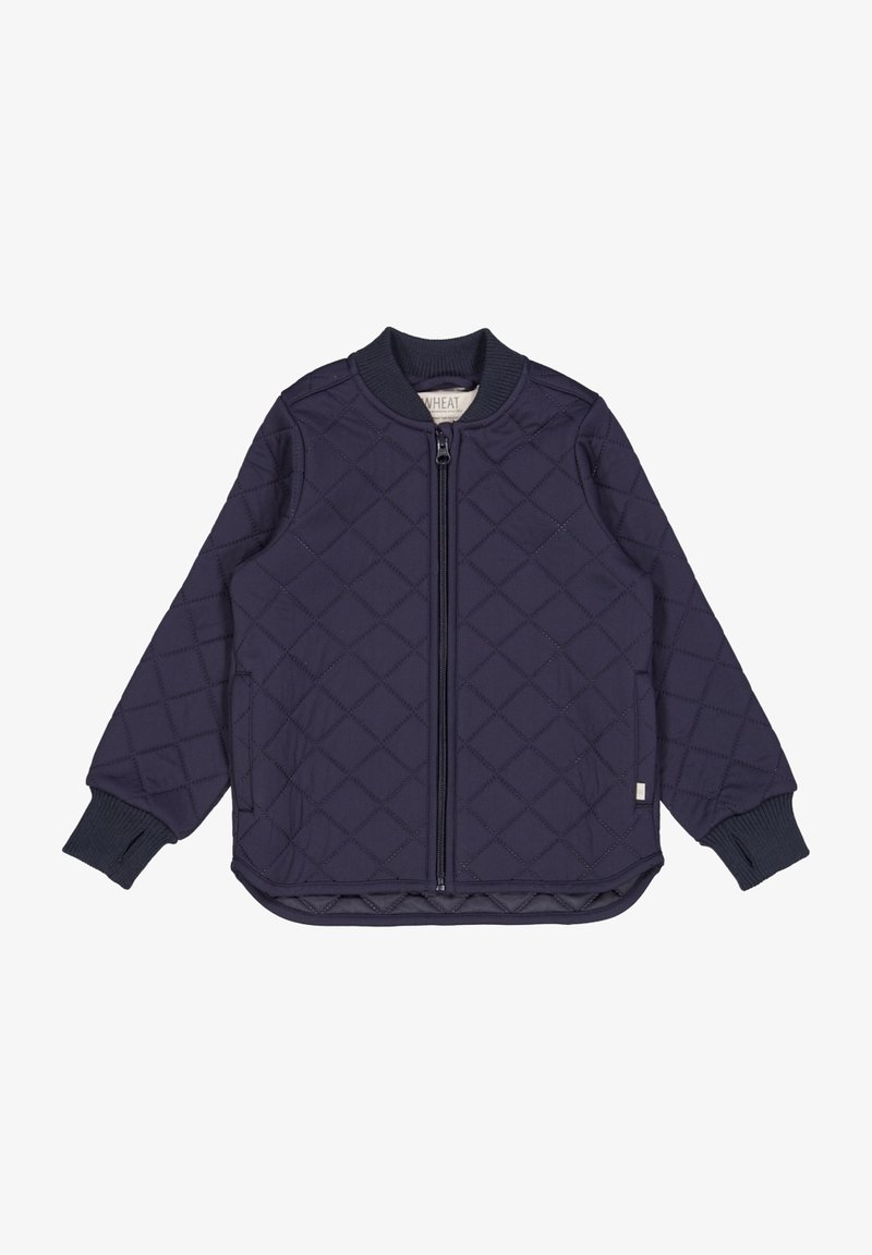 Granatowa pikowana kurtka bombowa z pełnym zamkiem błyskawicznym, zibrzczanymi mankietami i dołem, z diamentowym wzorem i bocznymi kieszeniami.