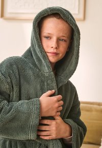 Green, plush bathrobe with a hood, featuring a soft texture and long sleeves. The robe is fastened at the front with a relaxed fit.