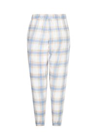 Lichte, geruite broek met horizontale blauwe en tan strepen op een witte achtergrond, met een elastische tailleband en een taps toelopende pijpdesign.