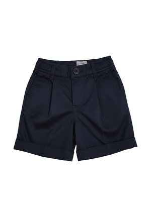 Pantaloncini su misura blu navy con orli risvoltati, pince anteriori, tasche laterali, passanti per cintura e chiusura con bottone in vita.