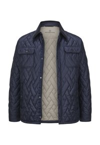 Marineblaue gesteppte Jacke mit zwei Brusttaschen, einer Knopfleiste vorne und einem beigen Innenfutter mit Rautenmuster. Glatter, leichter Stoff.
