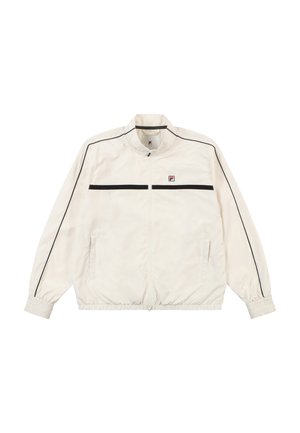 Giacca zip-up bianca con accenti neri, polsini elastici e due tasche laterali. Presenta un piccolo logo sulla parte superiore sinistra del petto. Texture liscia.