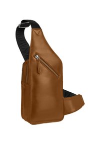 Brown leather crossbody sling bag with two zippered compartments and an adjustable black strap with embossed text.