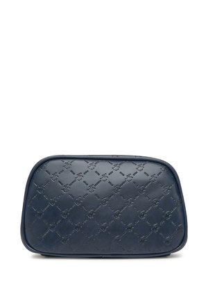 Necessaire rettangolare blu scuro con motivo diagonale del logo in rilievo ripetuto e bordi arrotondati su sfondo bianco.