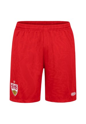 Czerwone szorty sportowe z elastycznym pasem, z logo drużyny na lewej nodze i logo marki na prawej nodze.