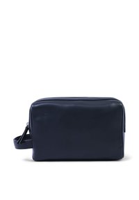 Borsa da toeletta in pelle blu navy con forma rettangolare, chiusura con zip, manico laterale e superficie liscia. Design minimalista senza decorazioni.