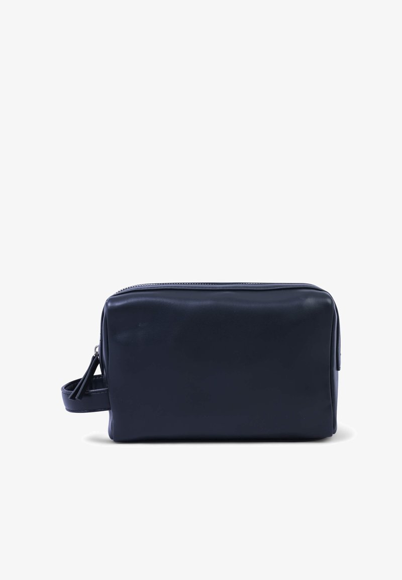 Borsa da toeletta in pelle blu navy con forma rettangolare, chiusura con zip, manico laterale e superficie liscia. Design minimalista senza decorazioni.