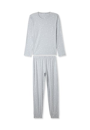 Pigiama grigio composto da una maglia a maniche lunghe e pantaloni abbinati, entrambi con un motivo a stelle bianche e una vita elastica. Tessuto morbido.