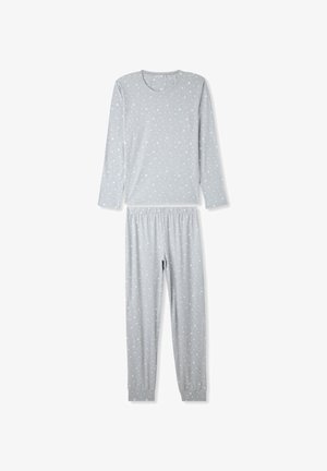 Pigiama grigio composto da una maglia a maniche lunghe e pantaloni abbinati, entrambi con un motivo a stelle bianche e una vita elastica. Tessuto morbido.