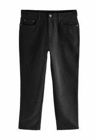Zwarte denim broek met een rechte pootontwerp, voorzien van voorzakken, een knoopsluiting en subtiele stiksels.