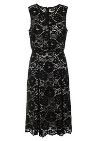 Mustapitsinen mekko, jossa on hihaton muotoilu, hienostuneita kukkakuvioita, vetoketjukiinnitys ja aaltoileva helma. Pehmeä tekstuuri.