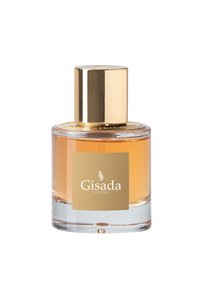 Clear glass perfume bottle with a golden cap. The liquid is amber, and the label features a gold background with white text.