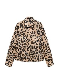 Veste léopard en beige et noir, avec un col, une fermeture à boutons, deux poches poitrine et des manches longues. Tissu texturé.