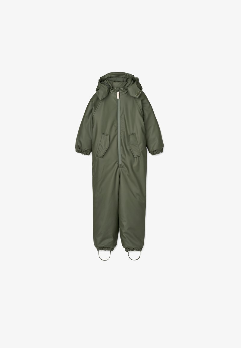 Olíva zöld szigetelt egyberészes öltöny kapucnival, elülső cipzárral és két oldalsó zsebbel; rugalmas mandzsettákkal és csizmához rögzítőlábakkal rendelkezik.