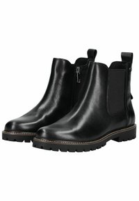 Botas negras de cuero hasta el tobillo con un acabado suave, paneles laterales elásticos, cierre con cremallera y suelas de goma resistentes. Incluye tiradores para facilitar su uso.